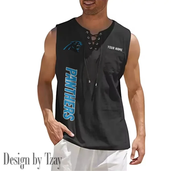 Carolina Panthers Eye-catching Lace Up Collar Men's Solid Color Beach Pullover Shirt SPTELUCMS005 - Image 2