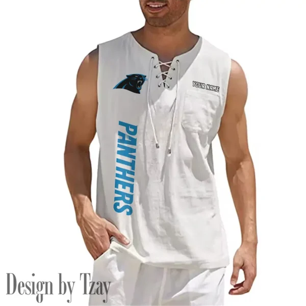 Carolina Panthers Eye-catching Lace Up Collar Men's Solid Color Beach Pullover Shirt SPTELUCMS005 - Image 3