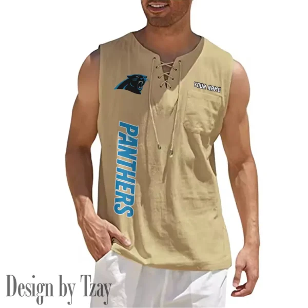 Carolina Panthers Eye-catching Lace Up Collar Men's Solid Color Beach Pullover Shirt SPTELUCMS005 - Image 4