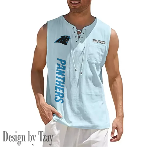 Carolina Panthers Eye-catching Lace Up Collar Men's Solid Color Beach Pullover Shirt SPTELUCMS005 - Image 5