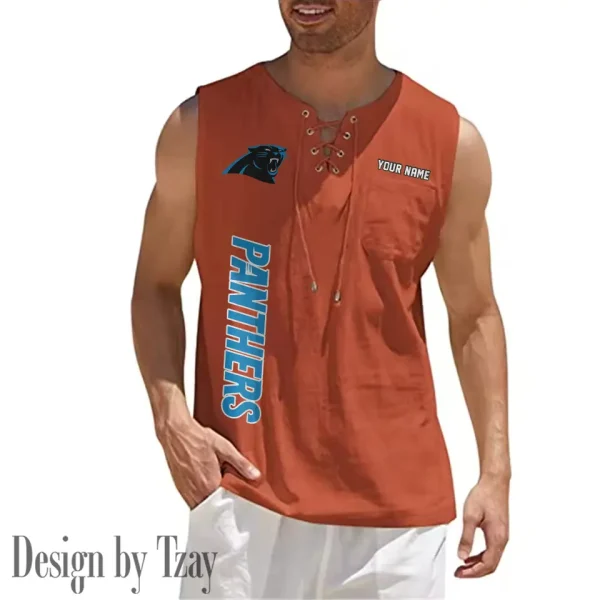 Carolina Panthers Eye-catching Lace Up Collar Men's Solid Color Beach Pullover Shirt SPTELUCMS005 - Image 6