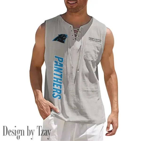 Carolina Panthers Eye-catching Lace Up Collar Men's Solid Color Beach Pullover Shirt SPTELUCMS005 - Image 7