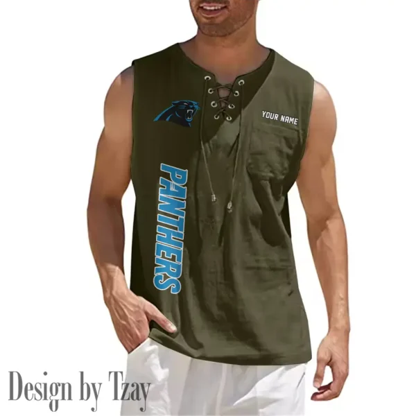 Carolina Panthers Eye-catching Lace Up Collar Men's Solid Color Beach Pullover Shirt SPTELUCMS005 - Image 8