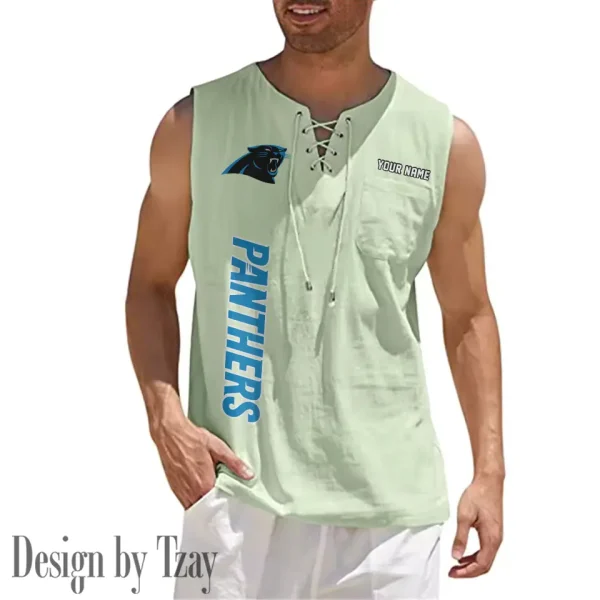 Carolina Panthers Eye-catching Lace Up Collar Men's Solid Color Beach Pullover Shirt SPTELUCMS005 - Image 9