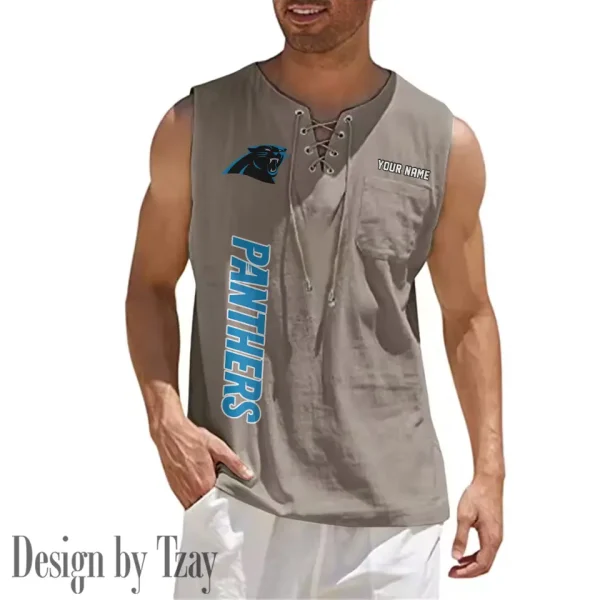 Carolina Panthers Eye-catching Lace Up Collar Men's Solid Color Beach Pullover Shirt SPTELUCMS005 - Image 10