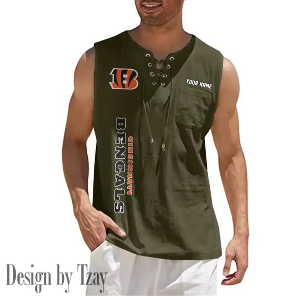 Cincinnati Bengals Eye-catching Lace Up Collar Men's Solid Color Beach Pullover Shirt SPTELUCMS007