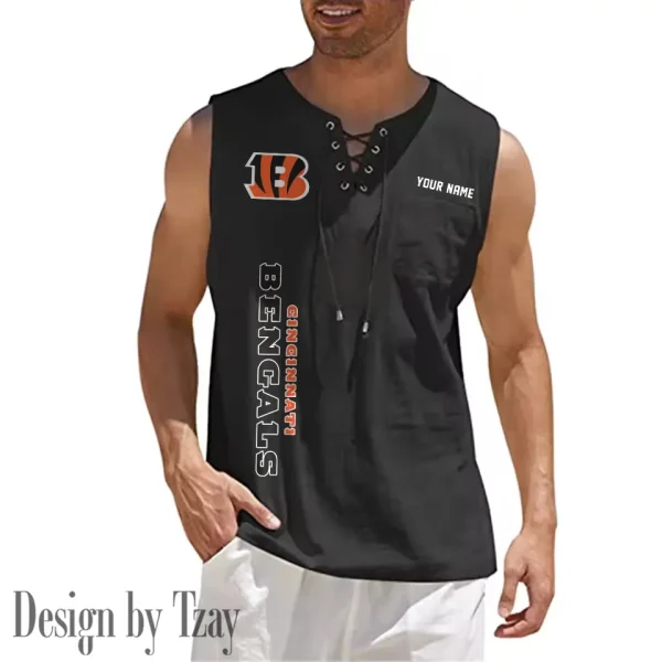 Cincinnati Bengals Eye-catching Lace Up Collar Men's Solid Color Beach Pullover Shirt SPTELUCMS007 - Image 4