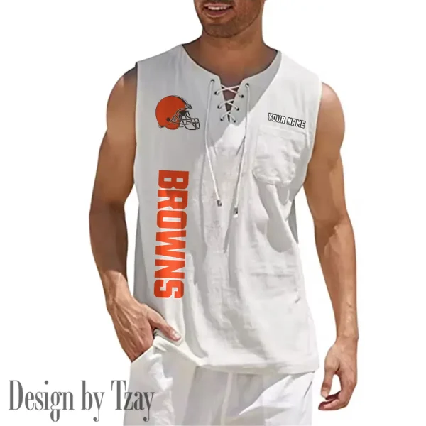 Cleveland Browns Eye-catching Lace Up Collar Men's Solid Color Beach Pullover Shirt SPTELUCMS008 - Image 5