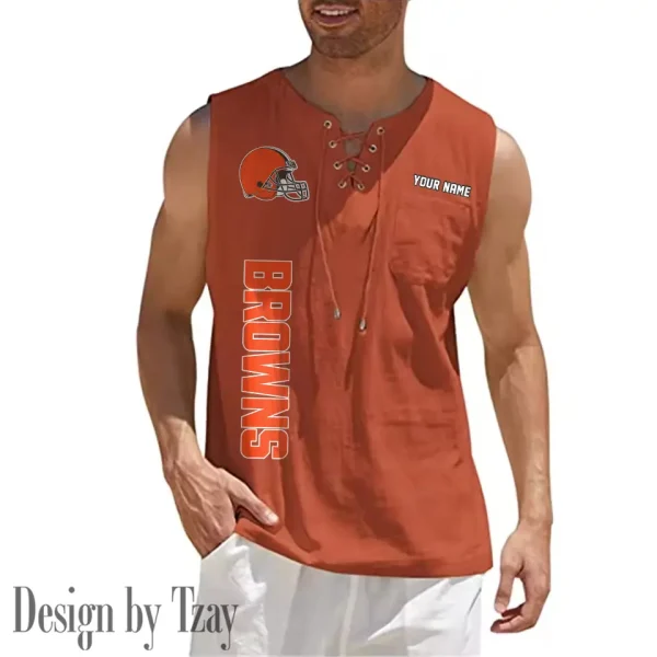 Cleveland Browns Eye-catching Lace Up Collar Men's Solid Color Beach Pullover Shirt SPTELUCMS008 - Image 7