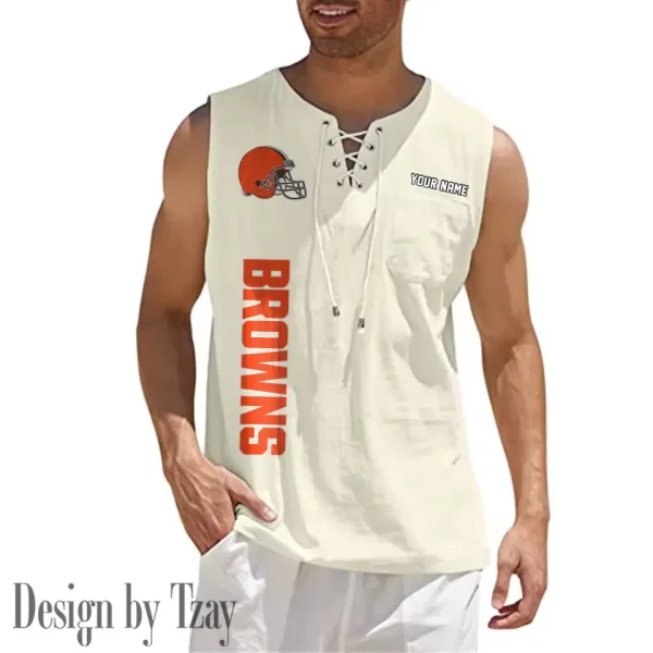 Cleveland Browns Eye-catching Lace Up Collar Men's Solid Color Beach Pullover Shirt SPTELUCMS008 - Image 8
