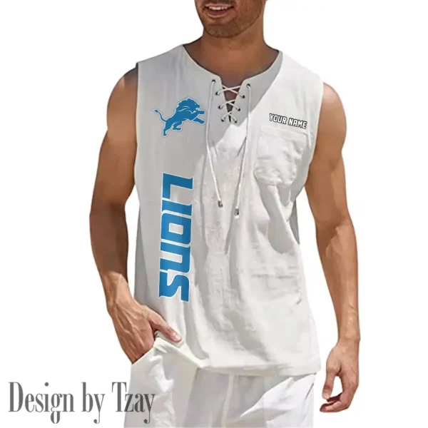Detroit Lions Eye-catching Lace Up Collar Men's Solid Color Beach Pullover Shirt SPTELUCMS011