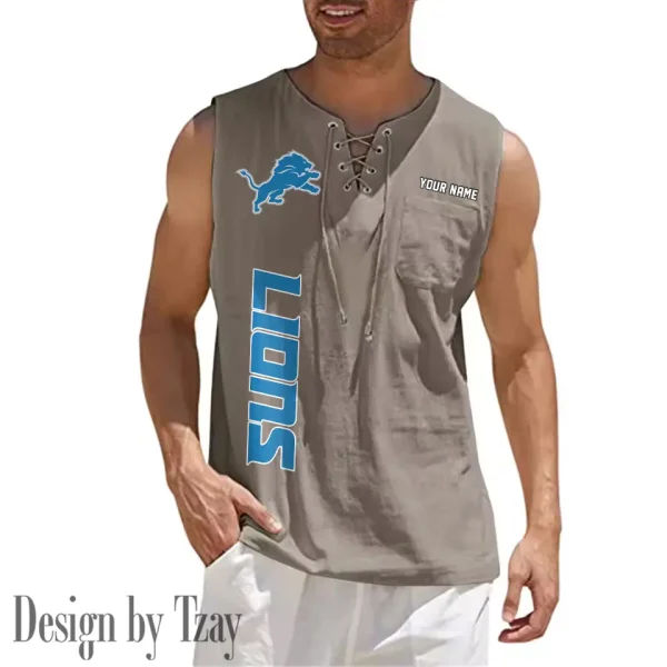 Detroit Lions Eye-catching Lace Up Collar Men's Solid Color Beach Pullover Shirt SPTELUCMS011 - Image 2