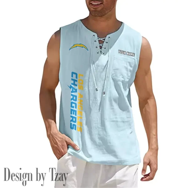 Los Angeles Chargers Eye-catching Lace Up Collar Men's Solid Color Beach Pullover Shirt SPTELUCMS018 - Image 3