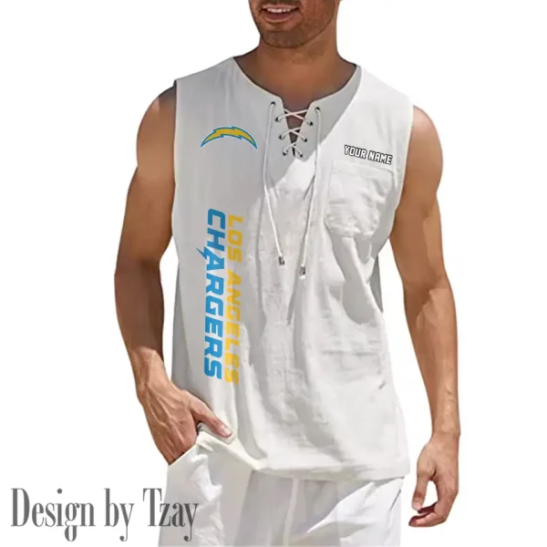 Los Angeles Chargers Eye-catching Lace Up Collar Men's Solid Color Beach Pullover Shirt SPTELUCMS018 - Image 4