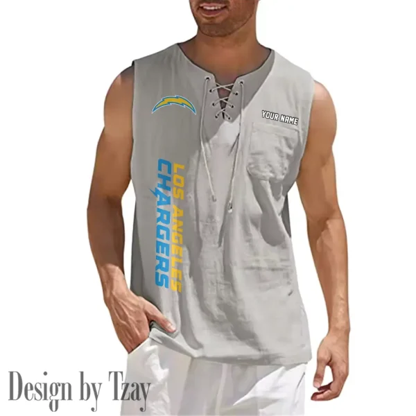 Los Angeles Chargers Eye-catching Lace Up Collar Men's Solid Color Beach Pullover Shirt SPTELUCMS018 - Image 9