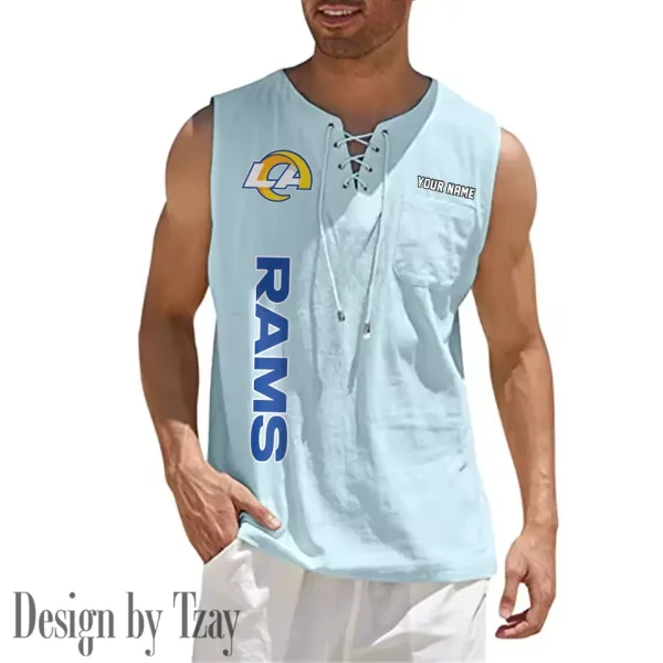 Los Angeles Rams Eye-catching Lace Up Collar Men's Solid Color Beach Pullover Shirt SPTELUCMS019 - Image 10