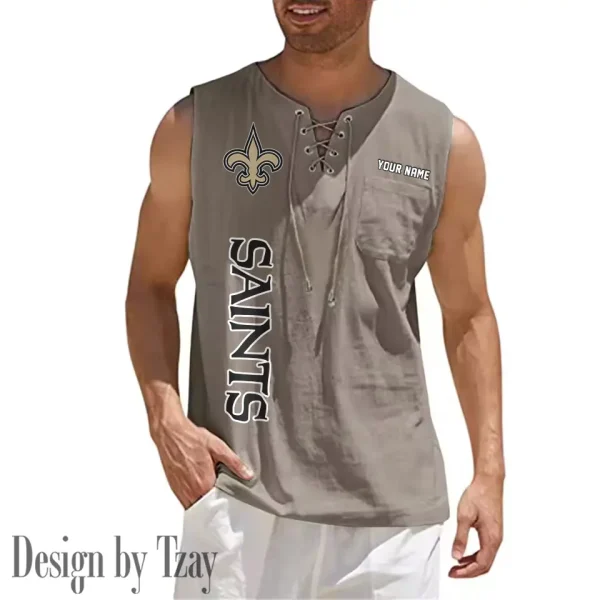 New Orleans Saints Eye-catching Lace Up Collar Men's Solid Color Beach Pullover Shirt SPTELUCMS023 - Image 4