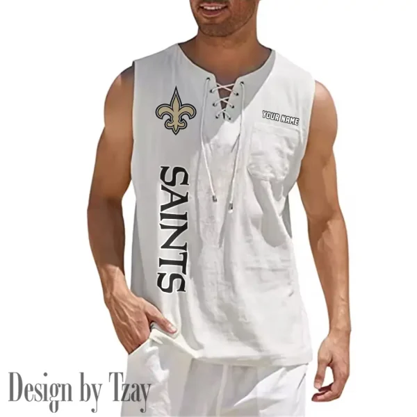 New Orleans Saints Eye-catching Lace Up Collar Men's Solid Color Beach Pullover Shirt SPTELUCMS023 - Image 7