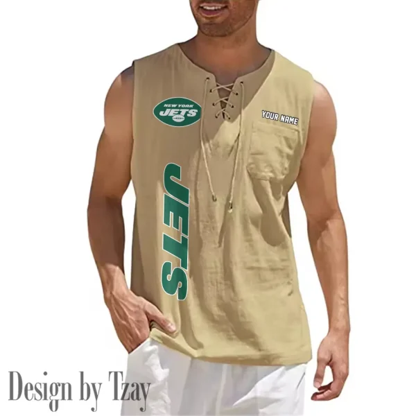 New York Jets Eye-catching Lace Up Collar Men's Solid Color Beach Pullover Shirt SPTELUCMS025