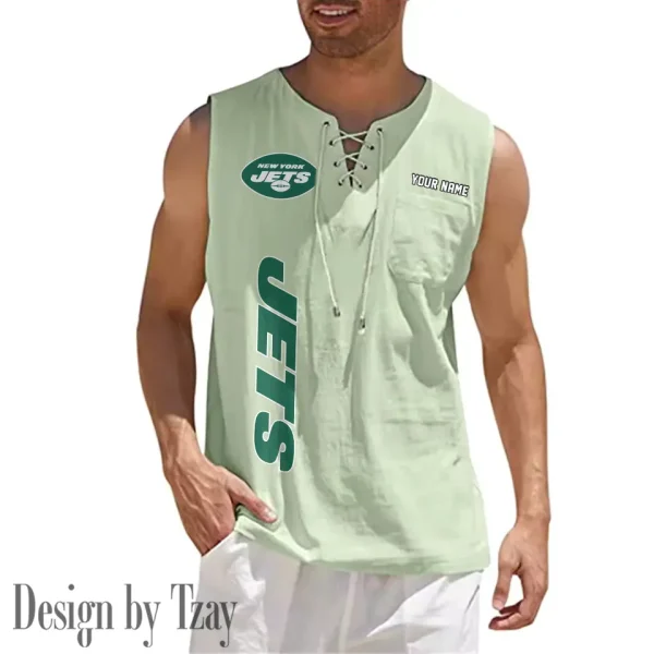 New York Jets Eye-catching Lace Up Collar Men's Solid Color Beach Pullover Shirt SPTELUCMS025 - Image 4