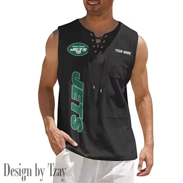 New York Jets Eye-catching Lace Up Collar Men's Solid Color Beach Pullover Shirt SPTELUCMS025 - Image 5