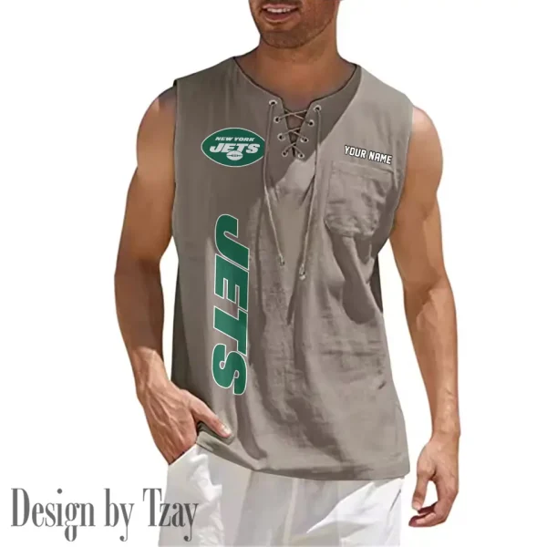 New York Jets Eye-catching Lace Up Collar Men's Solid Color Beach Pullover Shirt SPTELUCMS025 - Image 7