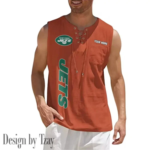 New York Jets Eye-catching Lace Up Collar Men's Solid Color Beach Pullover Shirt SPTELUCMS025 - Image 8