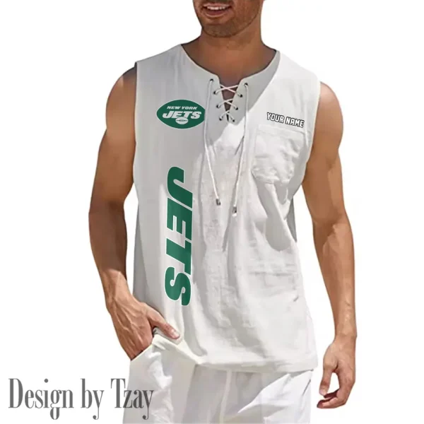New York Jets Eye-catching Lace Up Collar Men's Solid Color Beach Pullover Shirt SPTELUCMS025 - Image 9