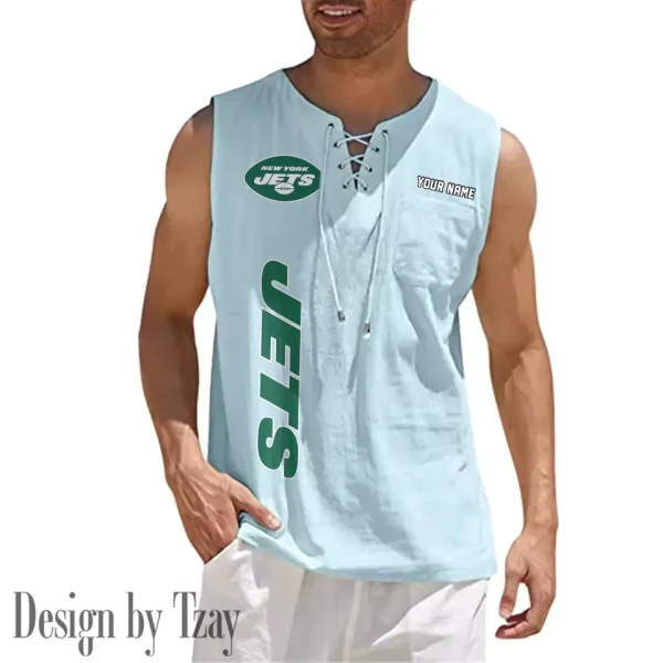 New York Jets Eye-catching Lace Up Collar Men's Solid Color Beach Pullover Shirt SPTELUCMS025 - Image 10