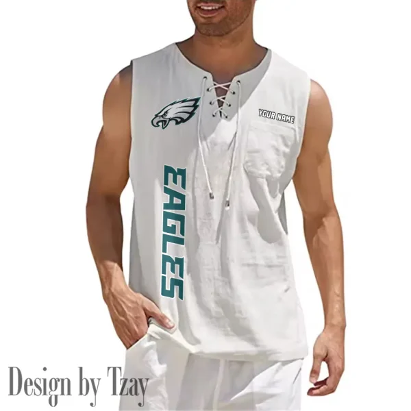 Philadelphia Eagles Eye-catching Lace Up Collar Men's Solid Color Beach Pullover Shirt SPTELUCMS026