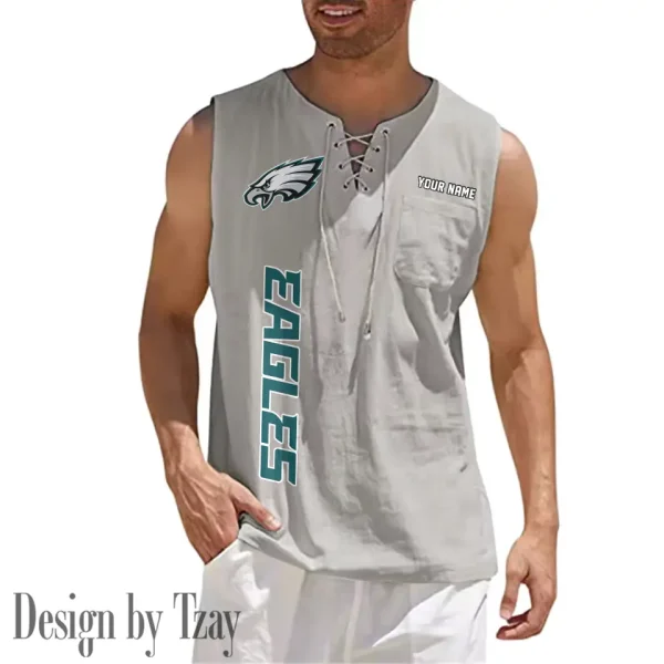 Philadelphia Eagles Eye-catching Lace Up Collar Men's Solid Color Beach Pullover Shirt SPTELUCMS026 - Image 9