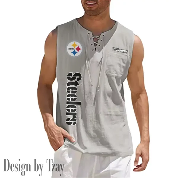 Pittsburgh Steelers Eye-catching Lace Up Collar Men's Solid Color Beach Pullover Shirt SPTELUCMS027