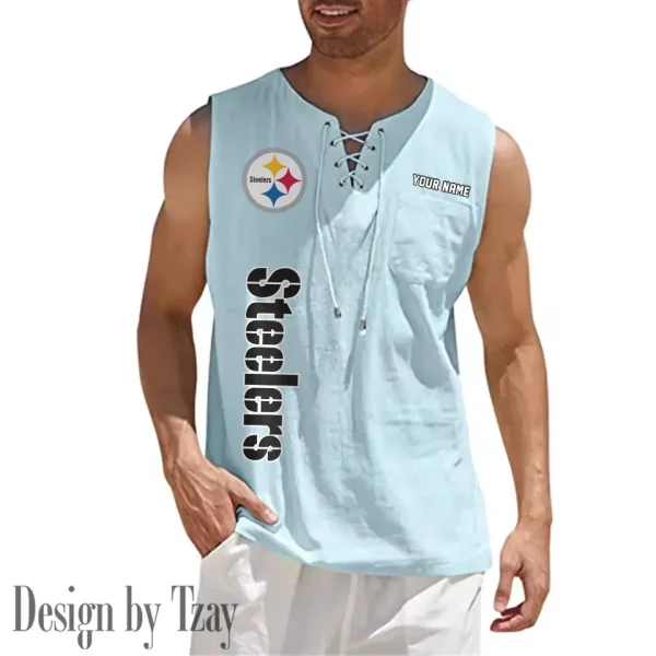 Pittsburgh Steelers Eye-catching Lace Up Collar Men's Solid Color Beach Pullover Shirt SPTELUCMS027 - Image 2