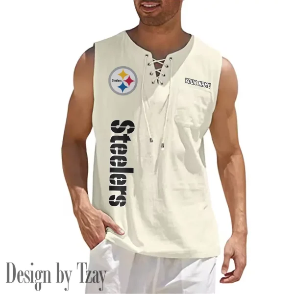 Pittsburgh Steelers Eye-catching Lace Up Collar Men's Solid Color Beach Pullover Shirt SPTELUCMS027 - Image 4