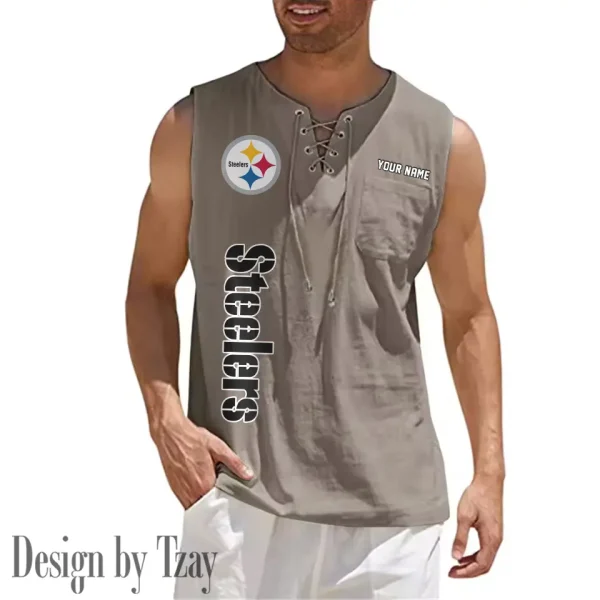 Pittsburgh Steelers Eye-catching Lace Up Collar Men's Solid Color Beach Pullover Shirt SPTELUCMS027 - Image 5