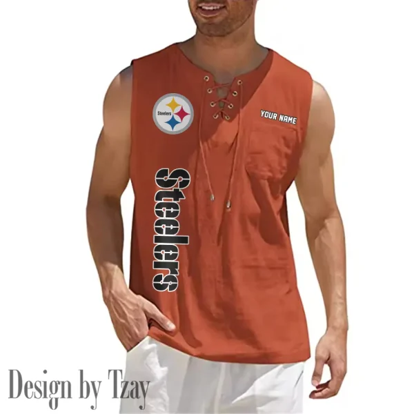 Pittsburgh Steelers Eye-catching Lace Up Collar Men's Solid Color Beach Pullover Shirt SPTELUCMS027 - Image 6