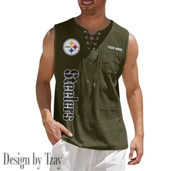 Pittsburgh Steelers Eye-catching Lace Up Collar Men's Solid Color Beach Pullover Shirt SPTELUCMS027 - Image 7