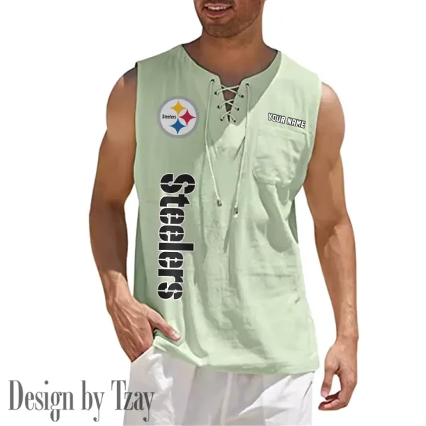 Pittsburgh Steelers Eye-catching Lace Up Collar Men's Solid Color Beach Pullover Shirt SPTELUCMS027 - Image 8
