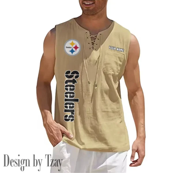 Pittsburgh Steelers Eye-catching Lace Up Collar Men's Solid Color Beach Pullover Shirt SPTELUCMS027 - Image 9