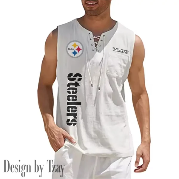 Pittsburgh Steelers Eye-catching Lace Up Collar Men's Solid Color Beach Pullover Shirt SPTELUCMS027 - Image 10