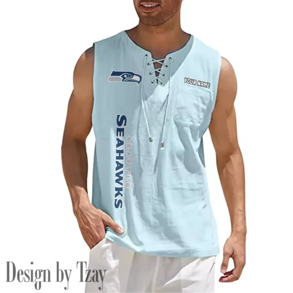 Seattle Seahawks Eye-catching Lace Up Collar Men's Solid Color Beach Pullover Shirt SPTELUCMS029