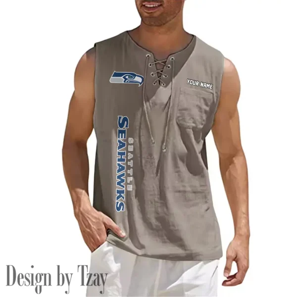 Seattle Seahawks Eye-catching Lace Up Collar Men's Solid Color Beach Pullover Shirt SPTELUCMS029 - Image 2