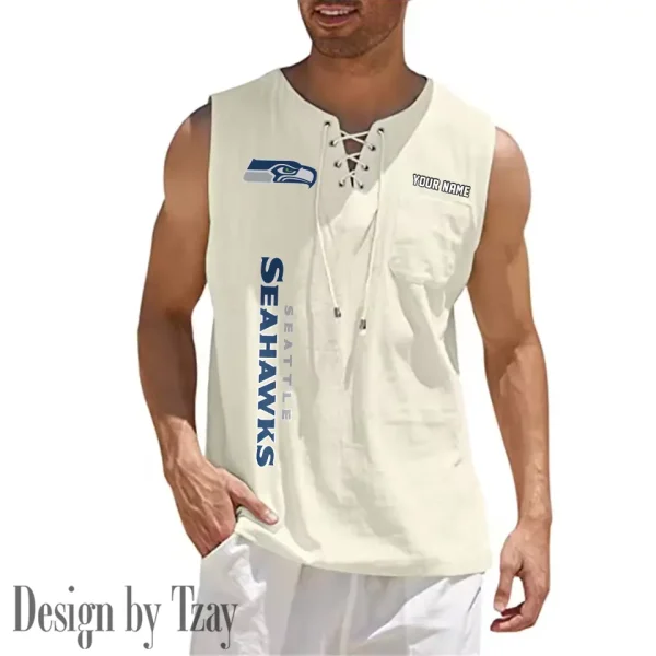 Seattle Seahawks Eye-catching Lace Up Collar Men's Solid Color Beach Pullover Shirt SPTELUCMS029 - Image 3