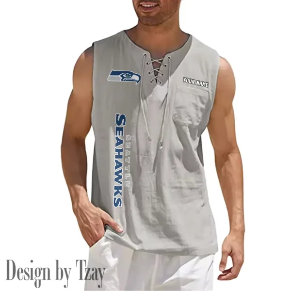 Seattle Seahawks Eye-catching Lace Up Collar Men's Solid Color Beach Pullover Shirt SPTELUCMS029 - Image 4