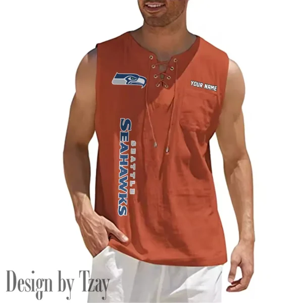 Seattle Seahawks Eye-catching Lace Up Collar Men's Solid Color Beach Pullover Shirt SPTELUCMS029 - Image 5