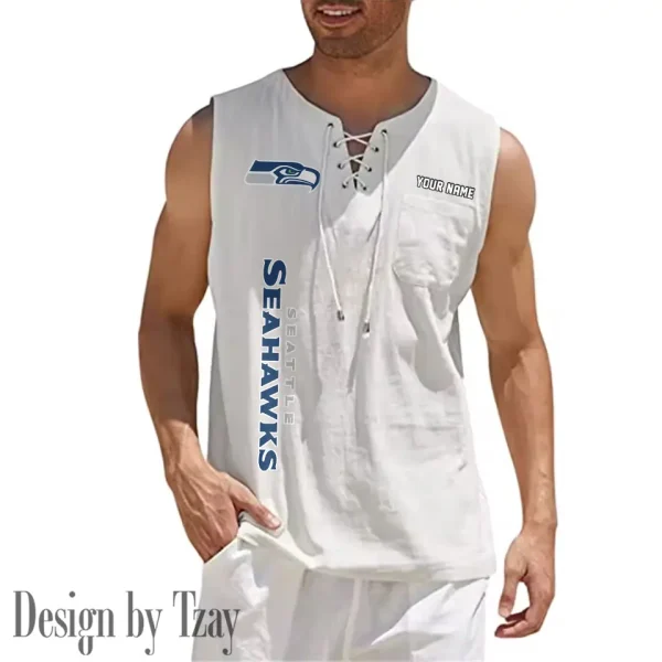 Seattle Seahawks Eye-catching Lace Up Collar Men's Solid Color Beach Pullover Shirt SPTELUCMS029 - Image 6