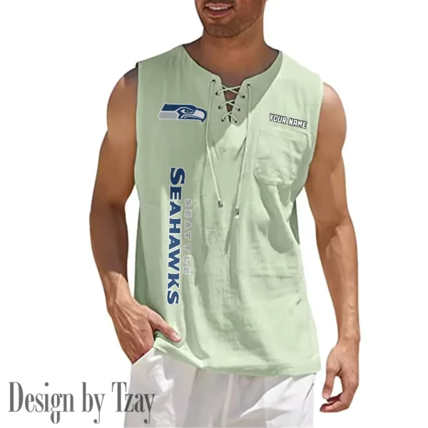 Seattle Seahawks Eye-catching Lace Up Collar Men's Solid Color Beach Pullover Shirt SPTELUCMS029 - Image 7