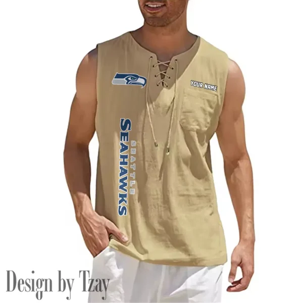 Seattle Seahawks Eye-catching Lace Up Collar Men's Solid Color Beach Pullover Shirt SPTELUCMS029 - Image 8