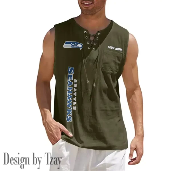 Seattle Seahawks Eye-catching Lace Up Collar Men's Solid Color Beach Pullover Shirt SPTELUCMS029 - Image 9