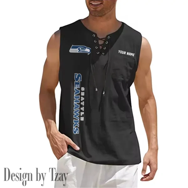 Seattle Seahawks Eye-catching Lace Up Collar Men's Solid Color Beach Pullover Shirt SPTELUCMS029 - Image 10